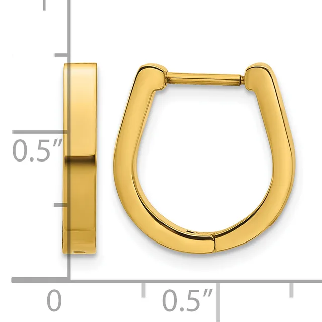 Yellow gold polished hinged hoop earrings shown with measurement scale indicating approximately 0.5 inch width.