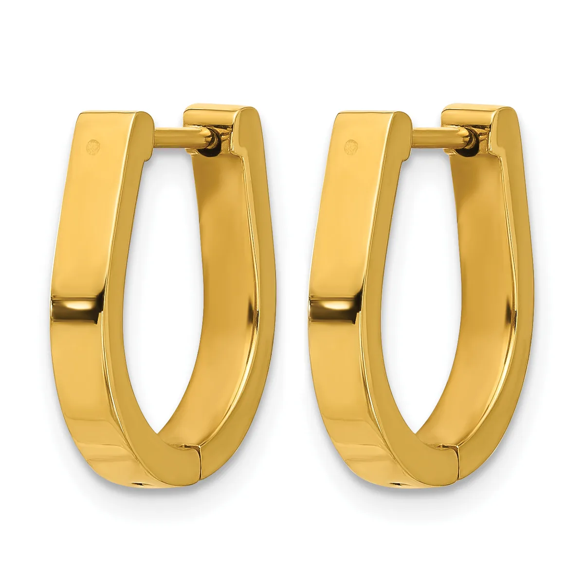 A pair of polished gold-toned rectangular hoop earrings with hinged closures, shown from the front against a white background.