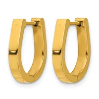A pair of polished gold-toned rectangular hoop earrings with hinged closures, shown from the front against a white background.