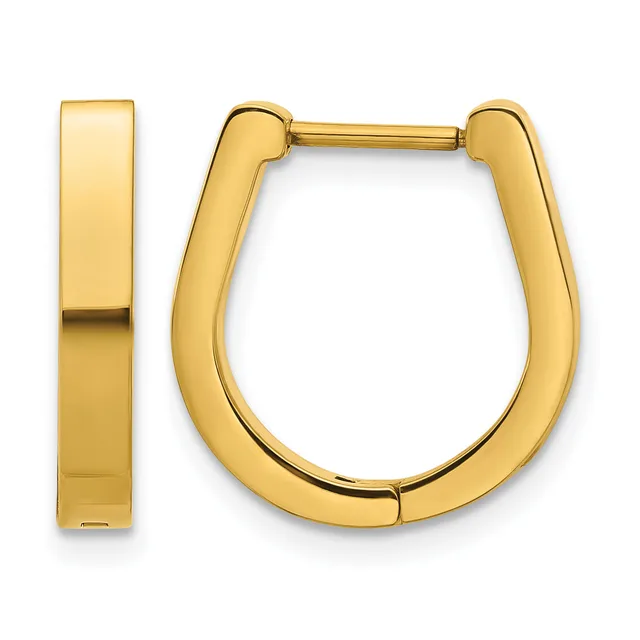Pair of polished gold-colored hinged hoop earrings shown from the front and side view against a white background.