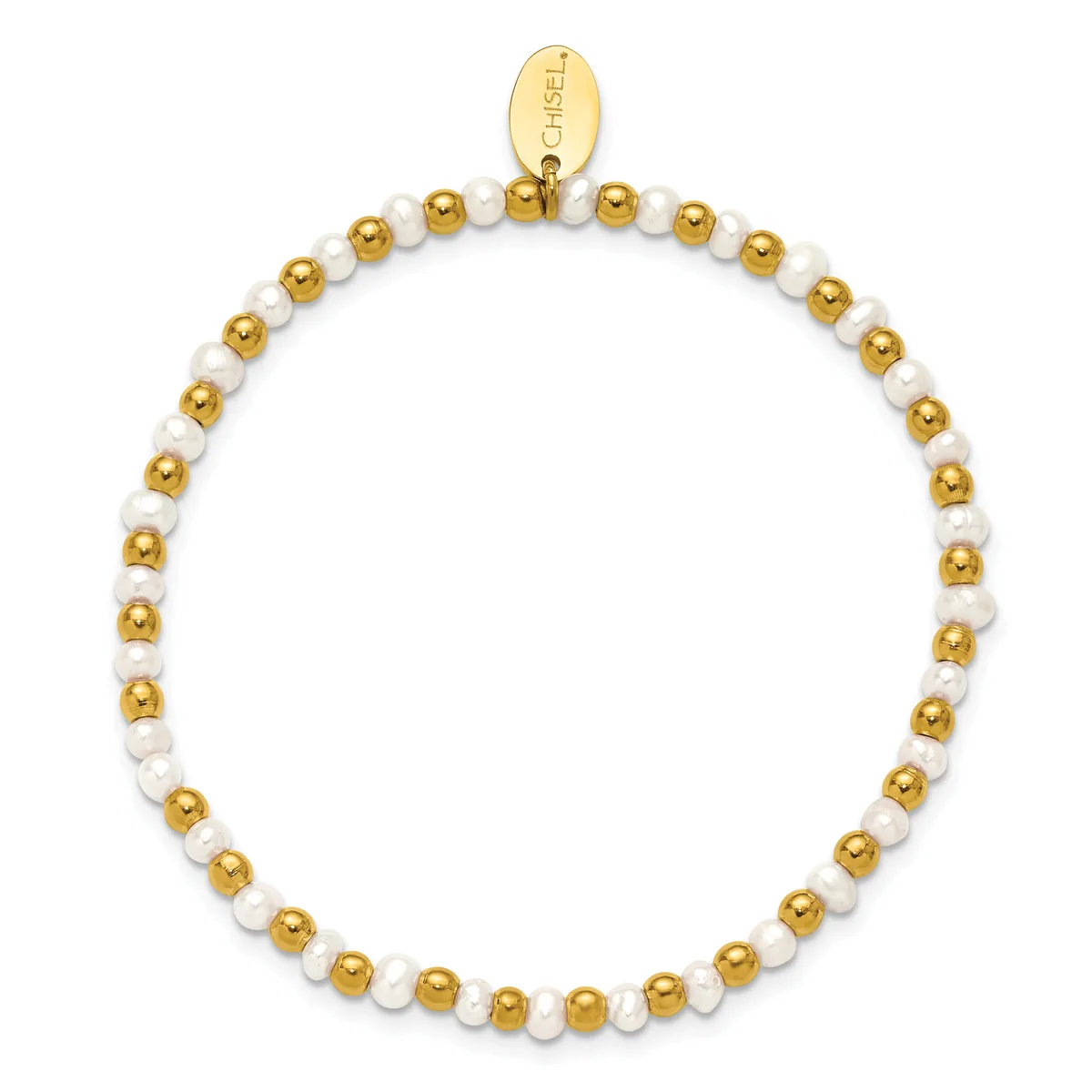 A beaded bracelet alternating between gold-toned and white pearl beads with a small oval gold charm tag attached at the top.