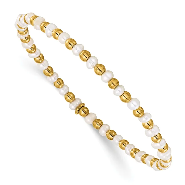 A flexible gold-plated bangle bracelet alternating between white pearl beads and textured gold-tone spacer beads, displayed against a white background.