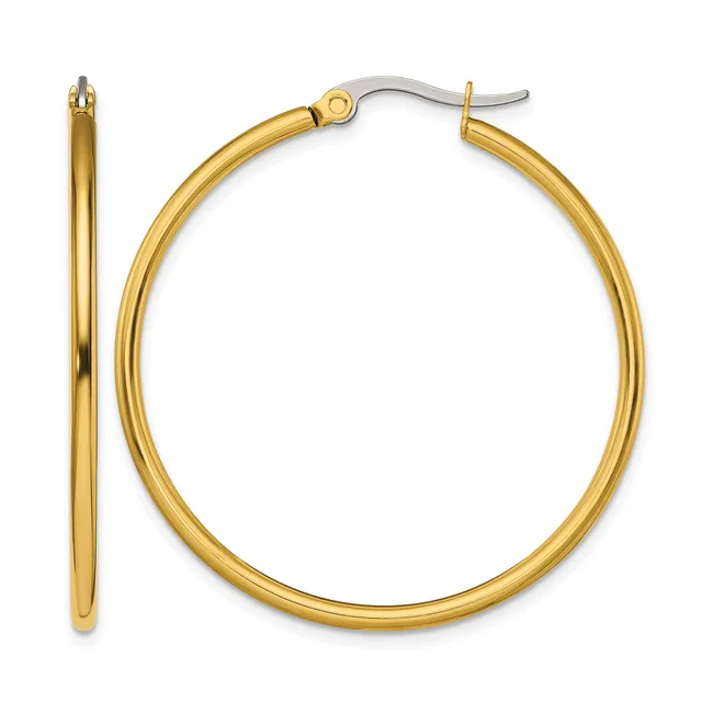 A pair of gold hoop earrings with a polished finish and hinged posts, shown from the front and side views.