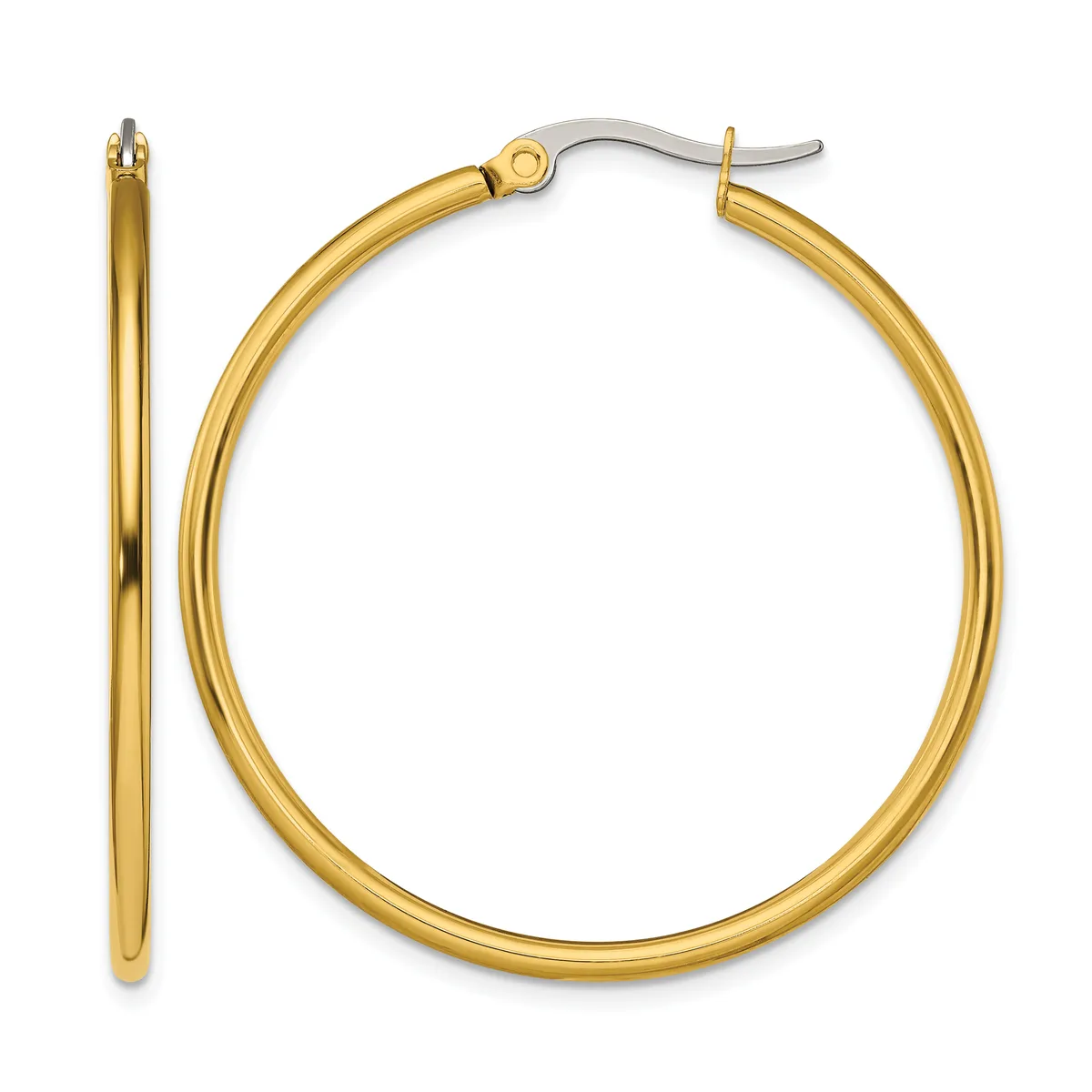 A pair of gold hoop earrings with a polished finish and hinged posts, shown from the front and side views.
