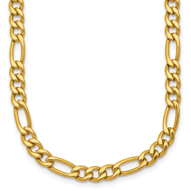 Gold-toned figaro chain necklace with alternating links displayed against a white background.