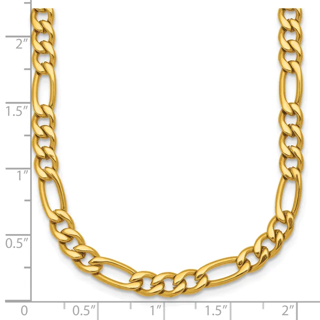 Gold-colored figaro chain necklace displayed against a ruler showing its width and length measurements.