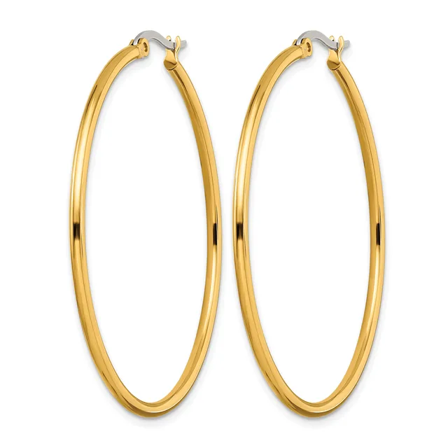 A pair of polished gold-tone hoop earrings with a smooth, rounded oval shape and hinged closure posts, displayed against a white background.