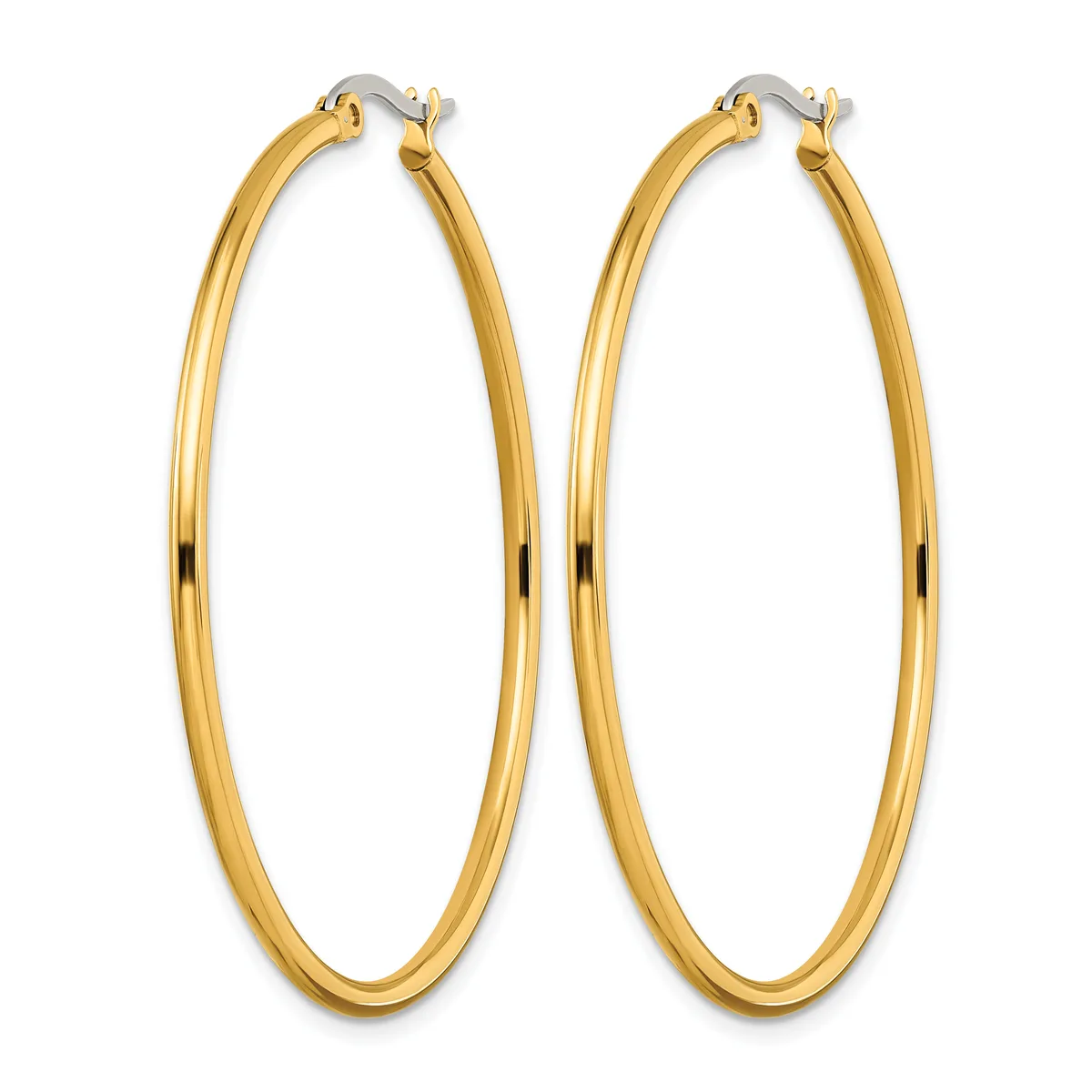 A pair of polished gold-tone hoop earrings with a smooth, rounded oval shape and hinged closure posts, displayed against a white background.