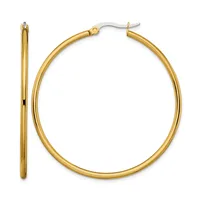A pair of gold-toned hoop earrings with a polished finish and surgical steel posts, shown from the front and side view.