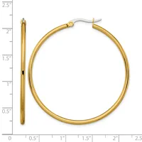 Gold-toned hoop earrings displayed next to a ruler showing they measure approximately 2 inches in diameter.
