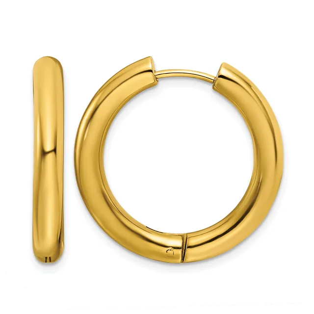 A pair of polished gold-toned chunky hoop earrings shown from the front and side, with a hinged closure mechanism visible on each earring.