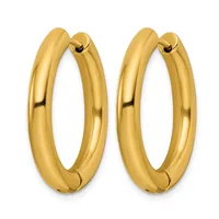 A pair of polished gold hoop earrings with a chunky tubular design and hinged closures, shown against a white background.