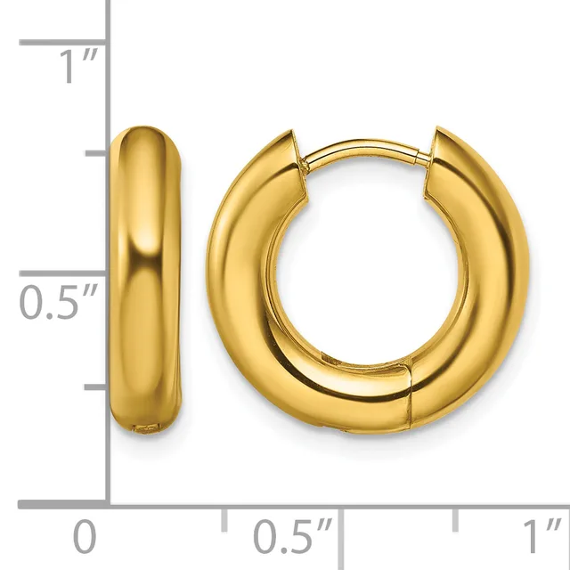 Pair of polished gold-tone chunky hoop earrings with hinged closure, shown next to a ruler indicating approximately 0.5 inch width and 1 inch height.
