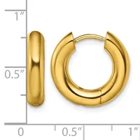 Pair of polished gold-tone chunky hoop earrings with hinged closure, shown next to a ruler indicating approximately 0.5 inch width and 1 inch height.