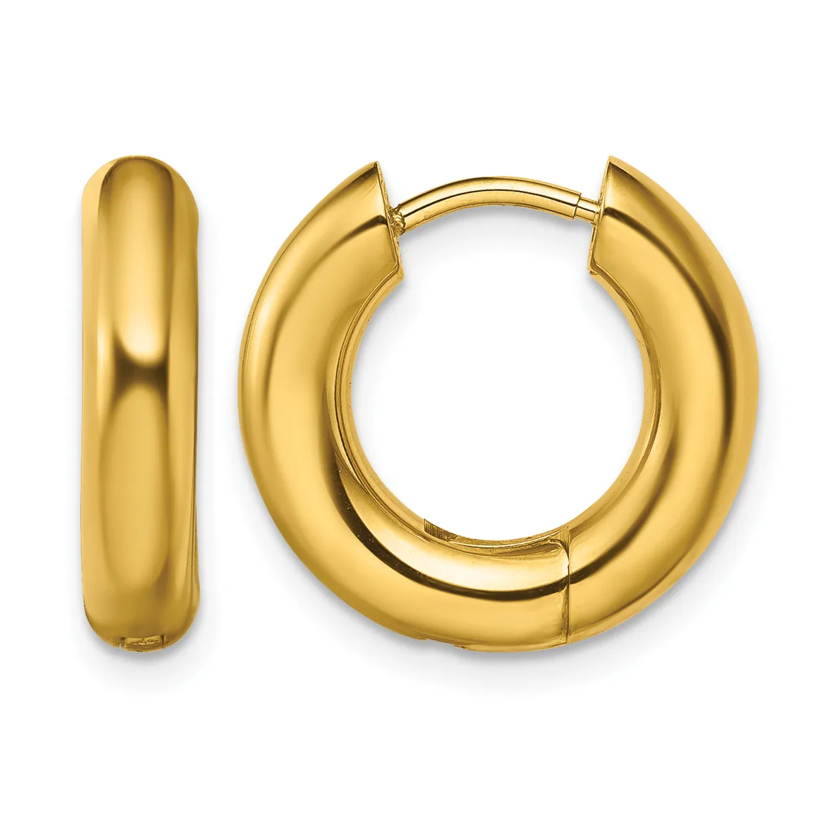 A pair of polished gold-toned hollow hoop earrings with a chunky curved design and hinged closures, shown from the front and side.