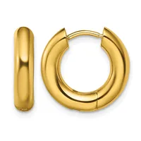 A pair of polished gold-toned hollow hoop earrings with a chunky curved design and hinged closures, shown from the front and side.