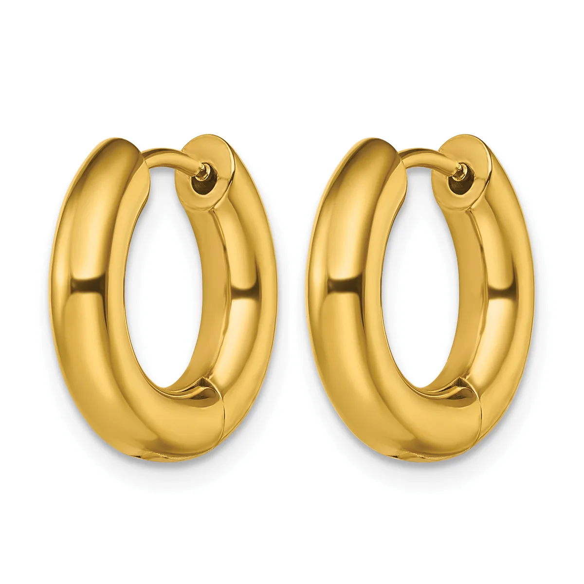 A pair of polished gold hoop earrings with a chunky, rounded profile and hinged posts, displayed against a white background.
