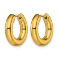 A pair of polished gold hoop earrings with a chunky, rounded profile and hinged posts, displayed against a white background.