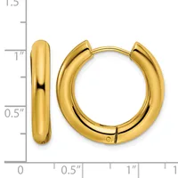 A pair of polished gold-colored chunky hoop earrings displayed next to a measurement scale showing approximately one inch in diameter.