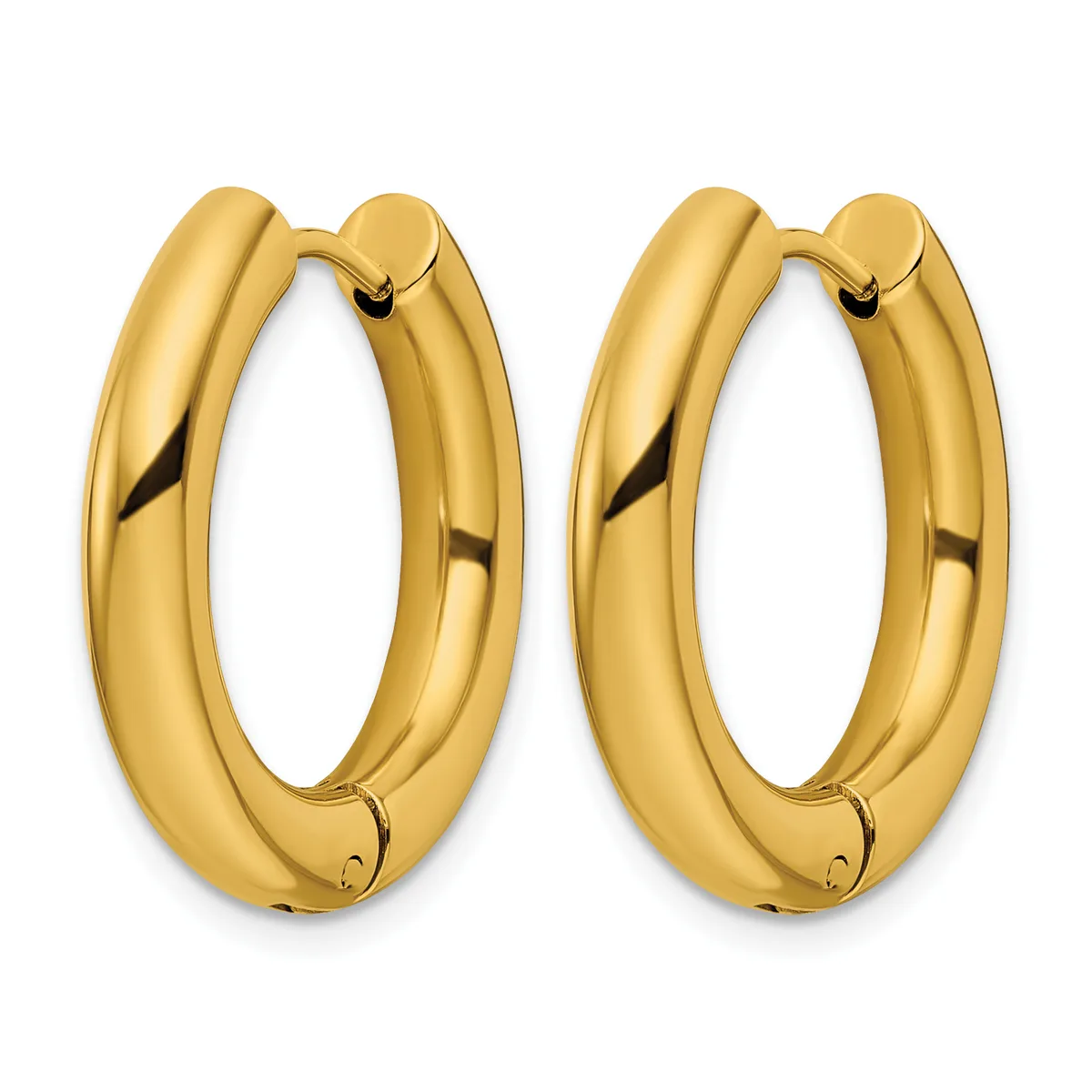 A pair of polished gold-colored chunky hoop earrings with a smooth, rounded rectangular profile and hinged closures.