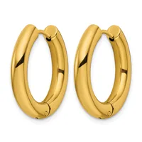 A pair of polished gold-colored chunky hoop earrings with a smooth, rounded rectangular profile and hinged closures.