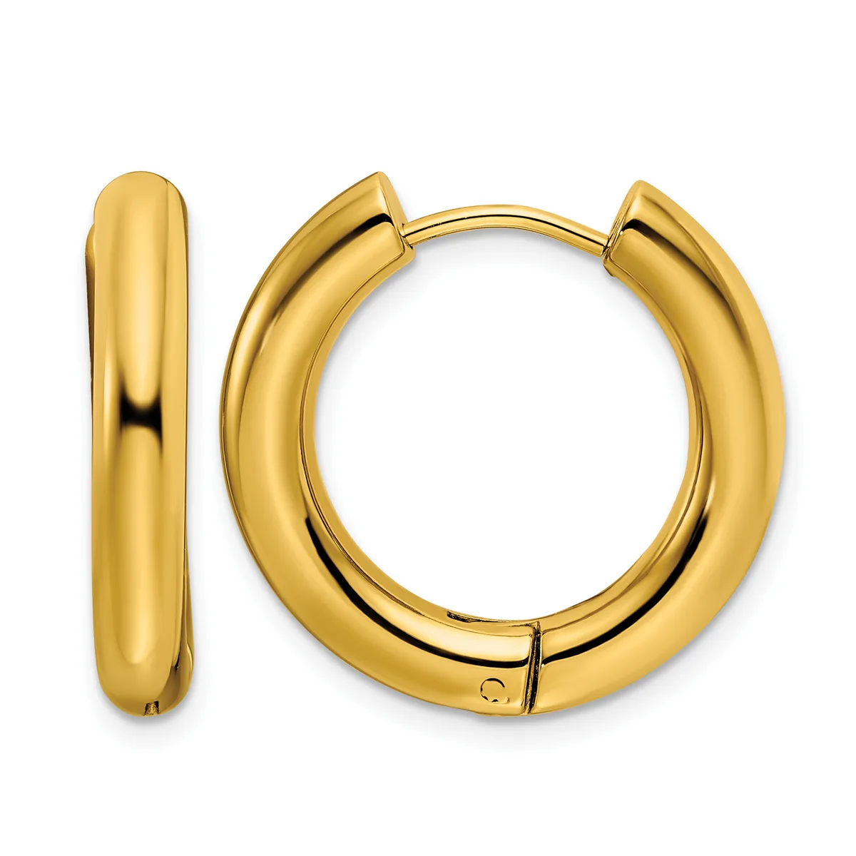 A pair of polished gold-toned chunky hoop earrings with a hinged clasp closure, shown from the front and side.