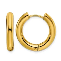 A pair of polished gold-toned chunky hoop earrings with a hinged clasp closure, shown from the front and side.
