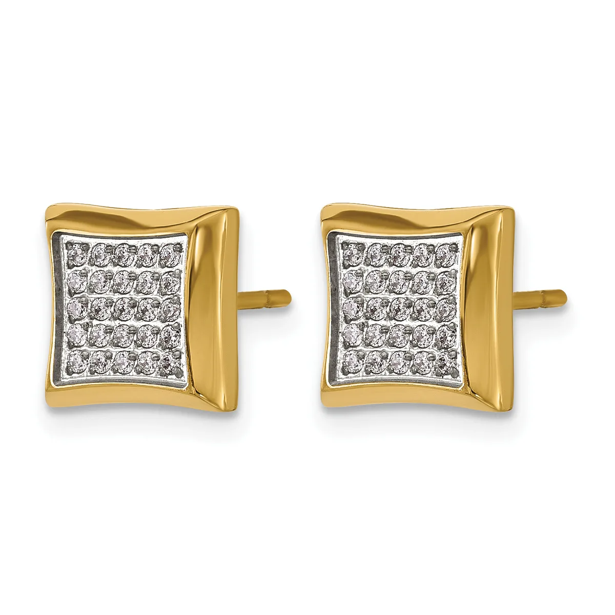 A pair of gold stud earrings with curved square faces set with small diamonds arranged in a grid pattern.
