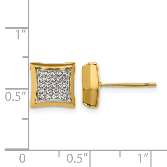 Gold stud earrings with square faces featuring pave-set diamonds, shown from front and side views with a measurement scale indicating approximately 0.5 inches in height.