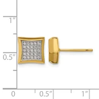 Gold stud earrings with square faces featuring pave-set diamonds, shown from front and side views with a measurement scale indicating approximately 0.5 inches in height.