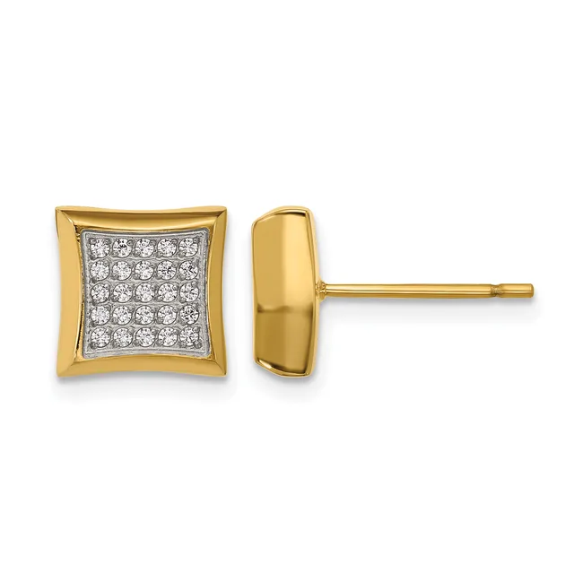 A pair of gold stud earrings with square faces featuring pave-set diamonds, shown from front and side views.
