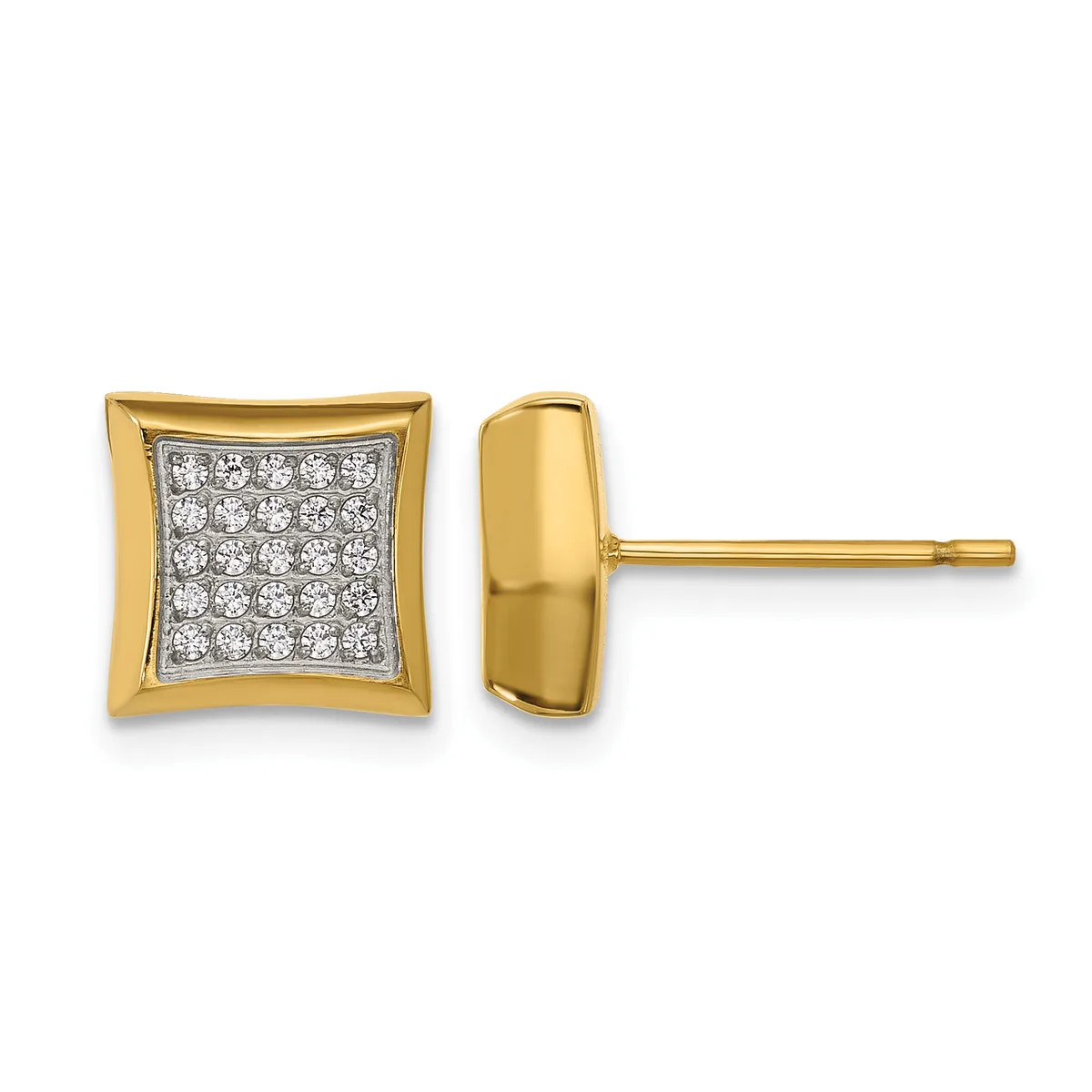 A pair of gold stud earrings with square faces featuring pave-set diamonds, shown from front and side views.