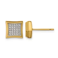 A pair of gold stud earrings with square faces featuring pave-set diamonds, shown from front and side views.
