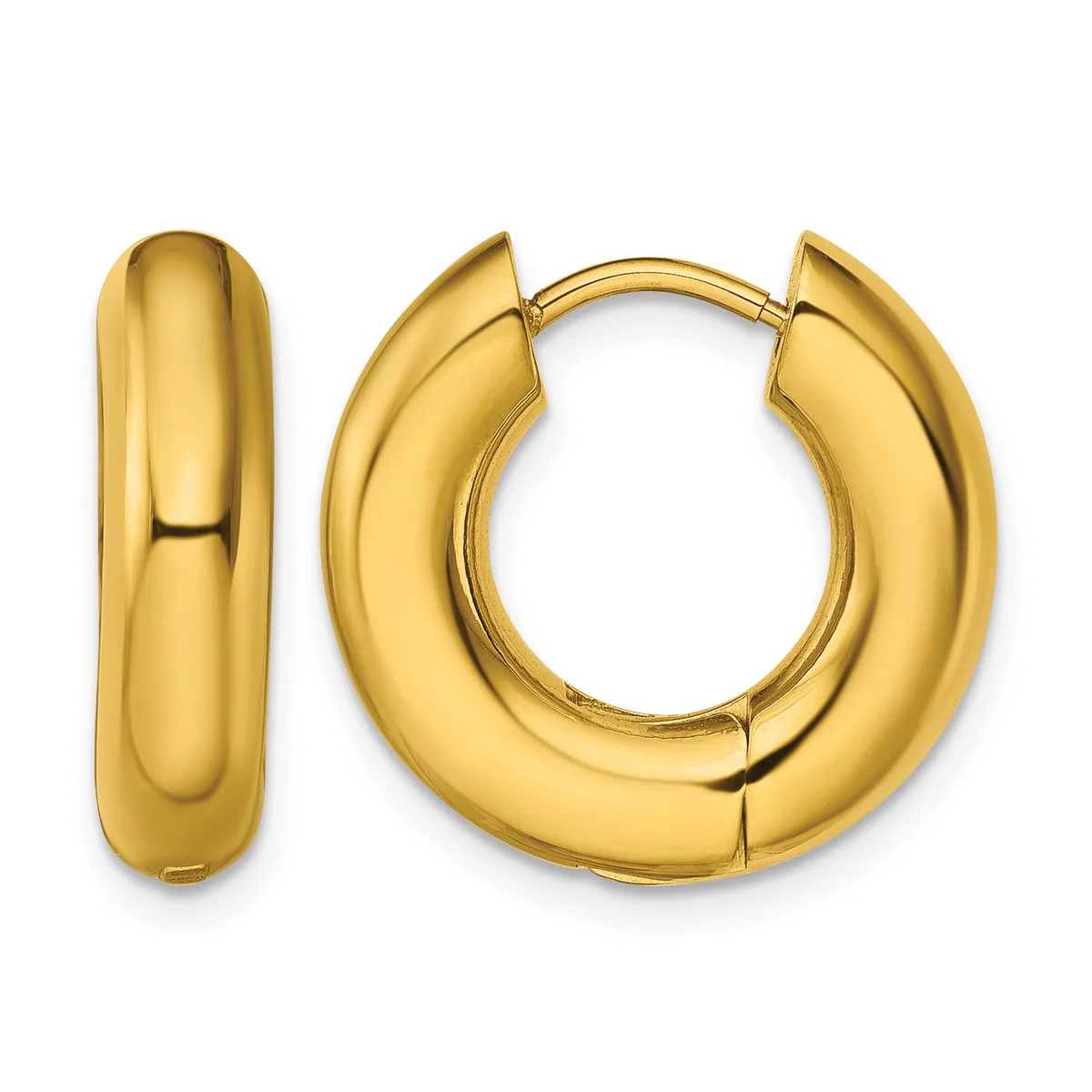 A pair of polished gold-colored chunky hoop earrings with hinged closures, shown from the front and side views.