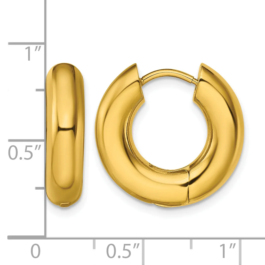 A pair of polished gold hoop earrings with a chunky, rounded profile, shown with a measurement scale indicating approximately one inch in diameter.