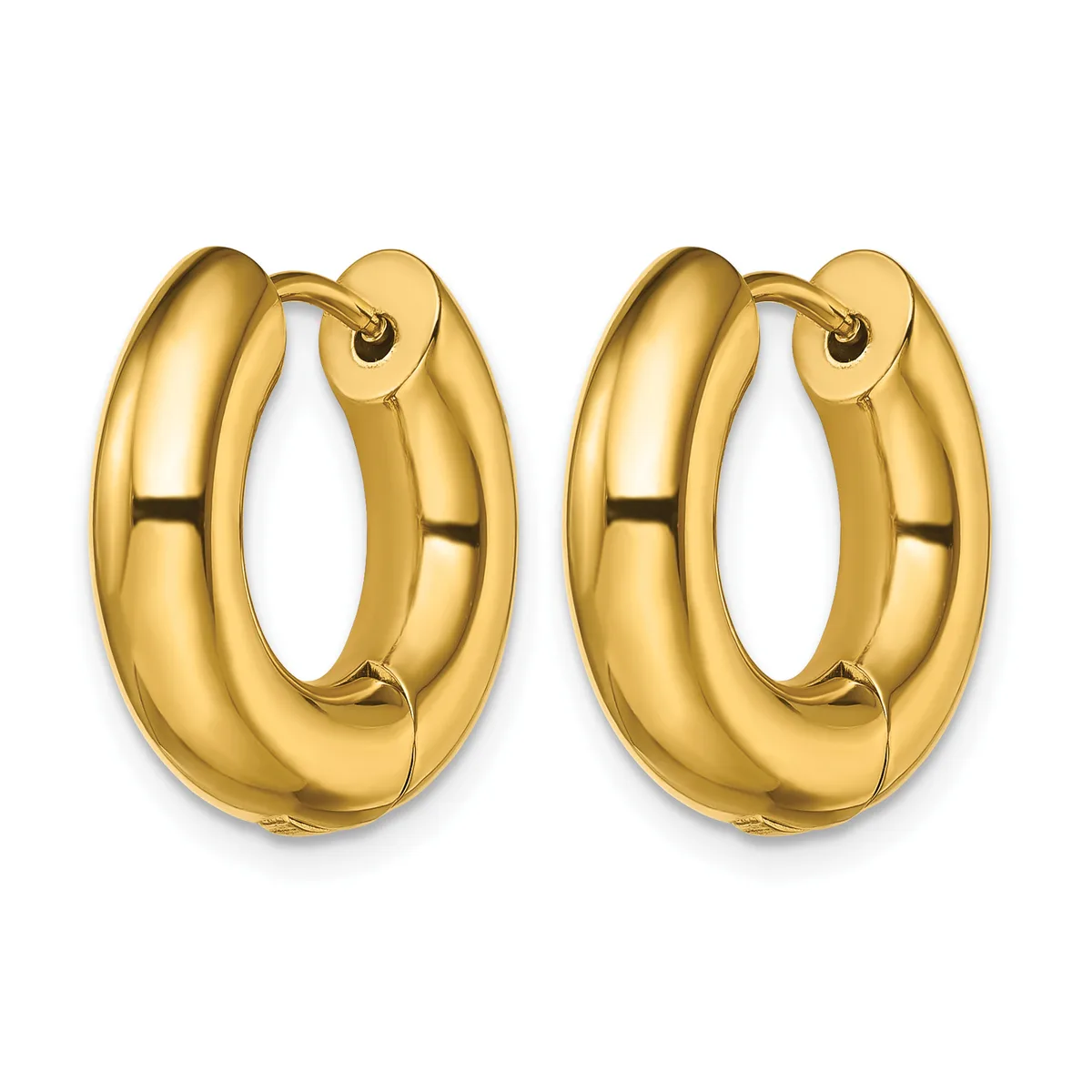 A pair of polished gold chunky hoop earrings with a smooth, rounded tubular design and hinged closures.
