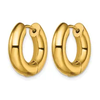 A pair of polished gold chunky hoop earrings with a smooth, rounded tubular design and hinged closures.