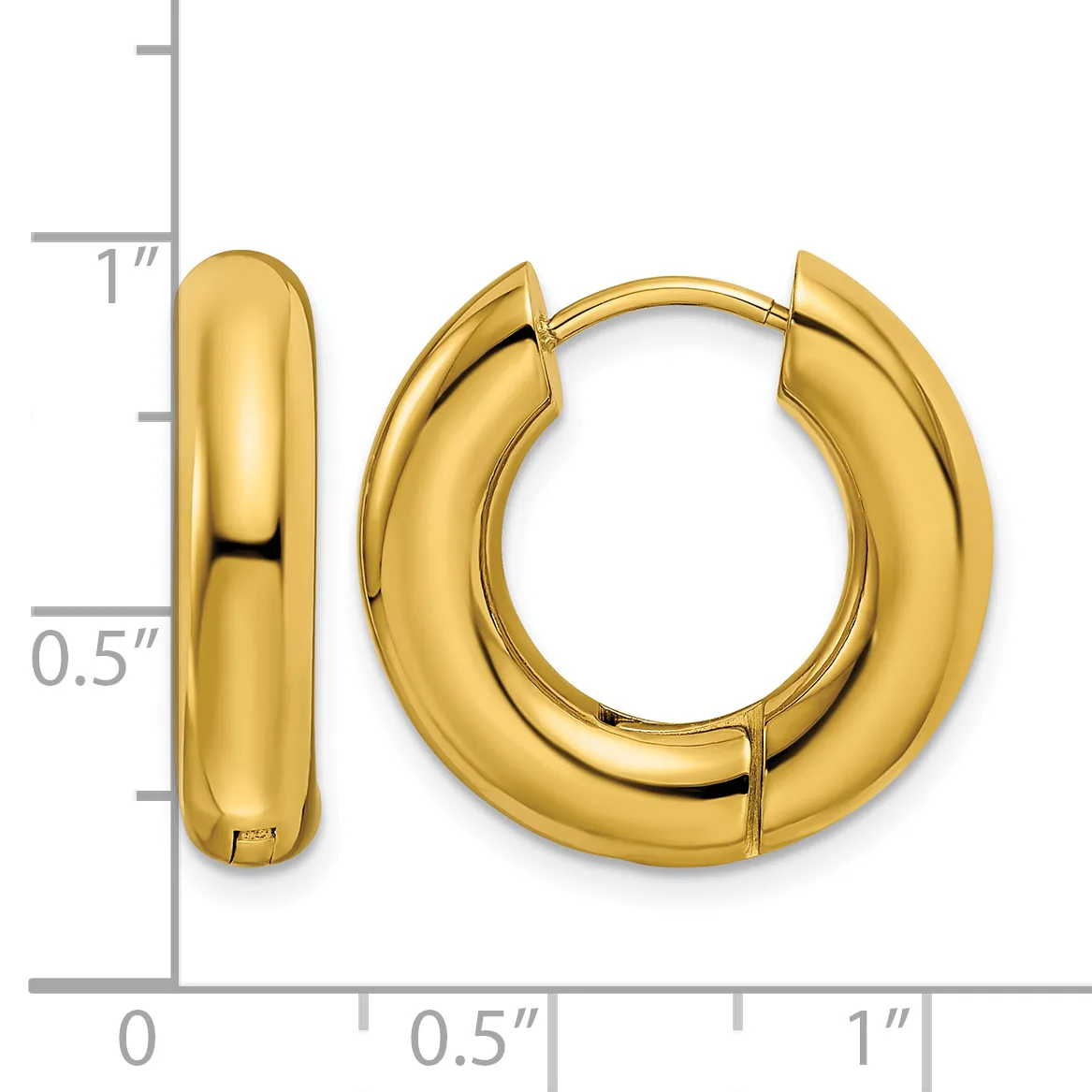 A pair of polished gold chunky hoop earrings with a hinged closure, shown next to a ruler indicating approximately one inch in height and half inch in width.