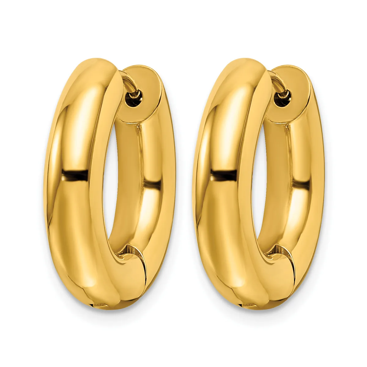 A pair of polished yellow gold chunky hoop earrings with hinged closures, displayed side by side against a white background.