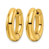 A pair of polished yellow gold chunky hoop earrings with hinged closures, displayed side by side against a white background.