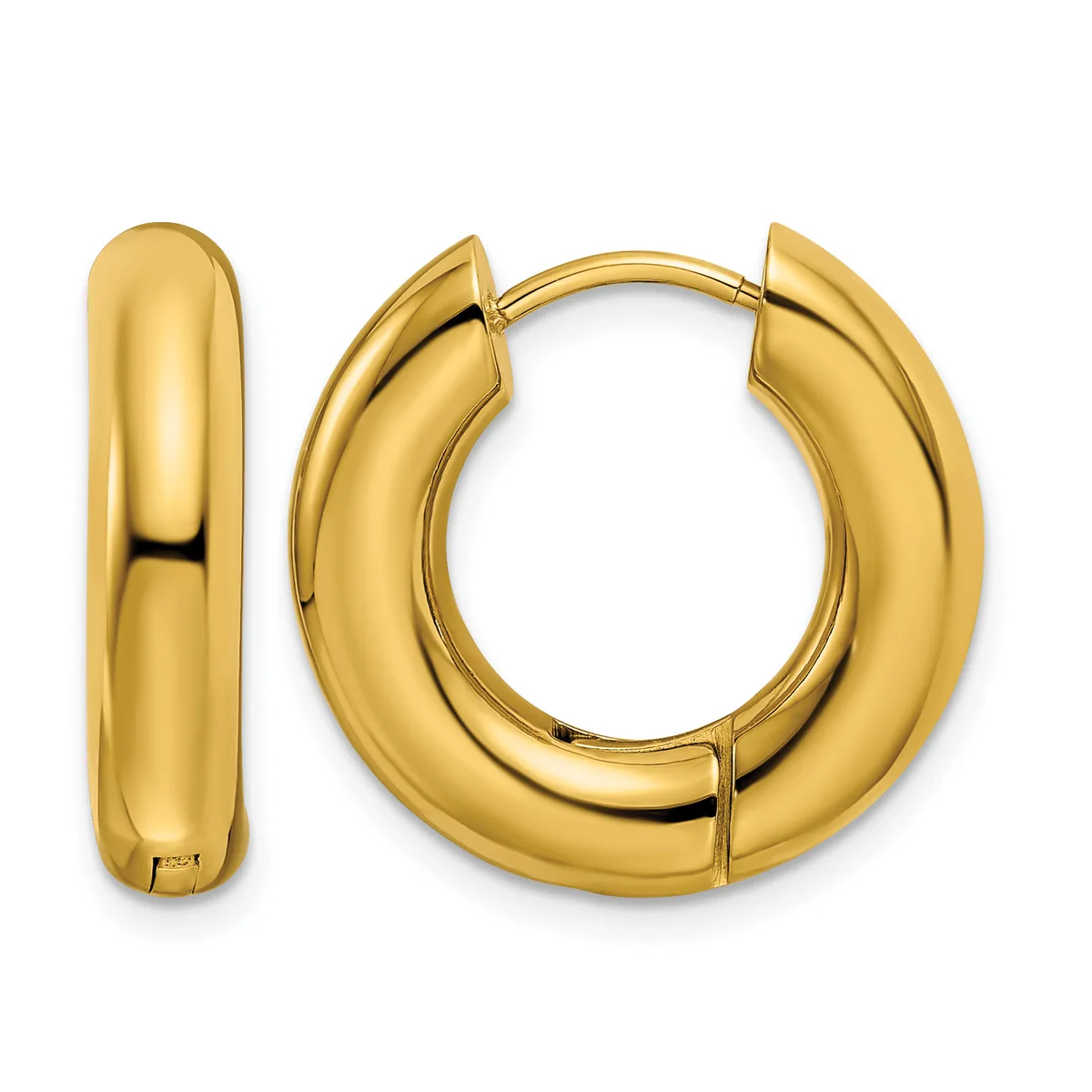 A pair of polished gold-colored chunky hoop earrings with a hinged closure, shown from the front and side.
