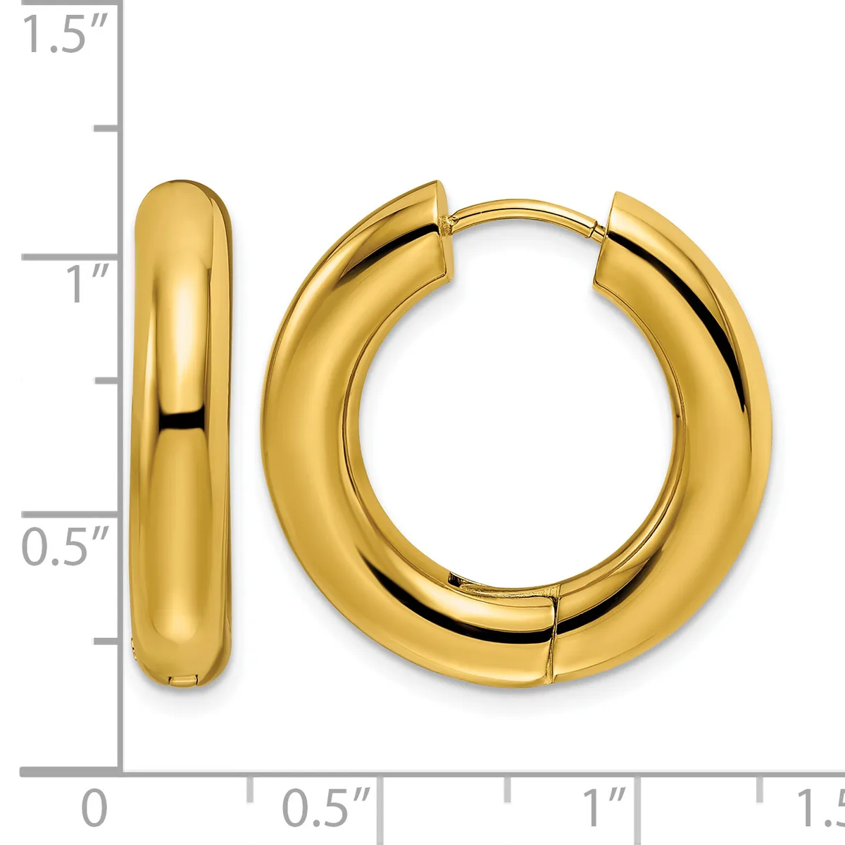 A pair of polished gold hoop earrings with a chunky, rounded profile, shown next to a measurement ruler indicating approximately one inch in diameter.