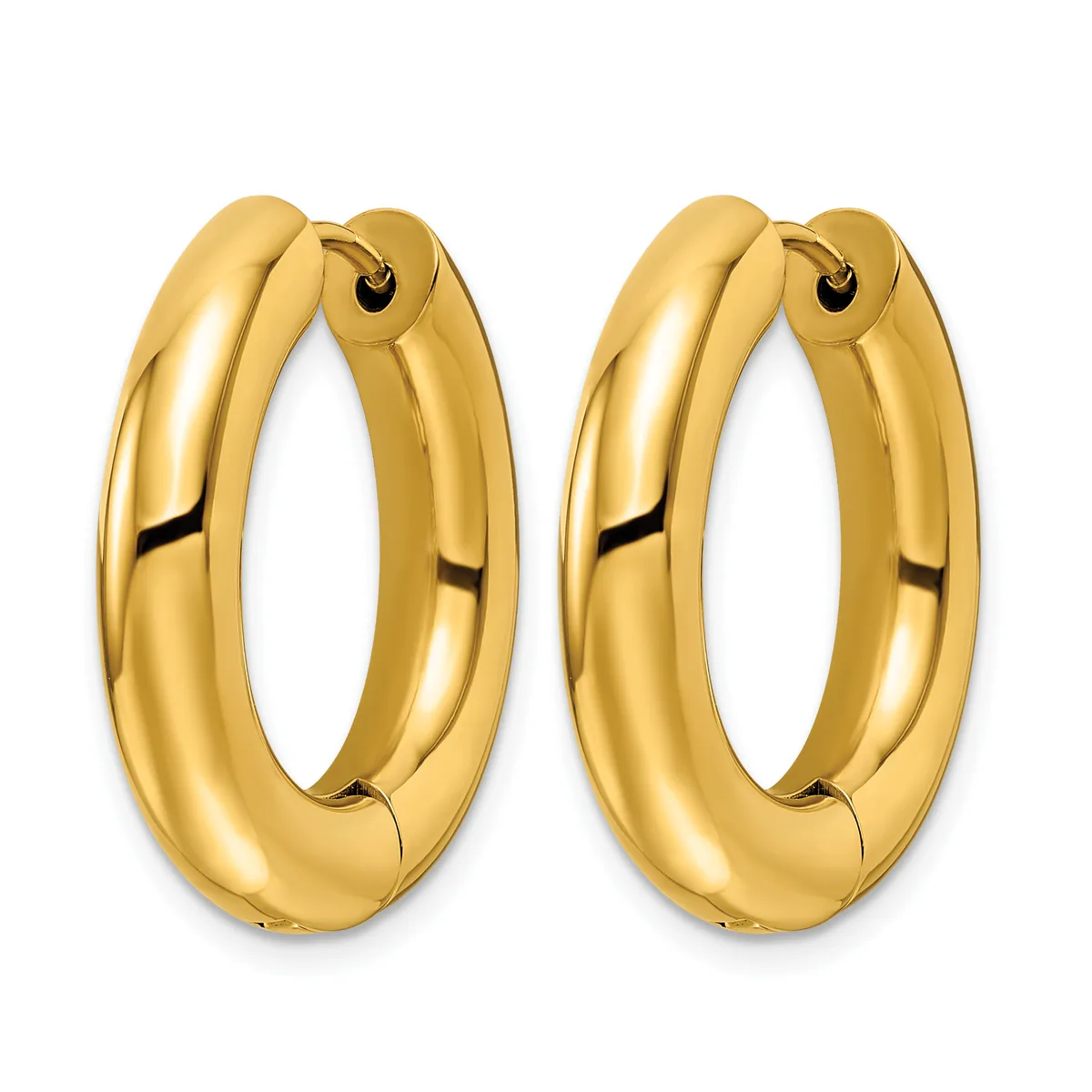A pair of polished yellow gold chunky hoop earrings with a smooth curved surface and hinged closures, shown from the front.