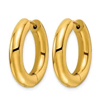 A pair of polished yellow gold chunky hoop earrings with a smooth curved surface and hinged closures, shown from the front.