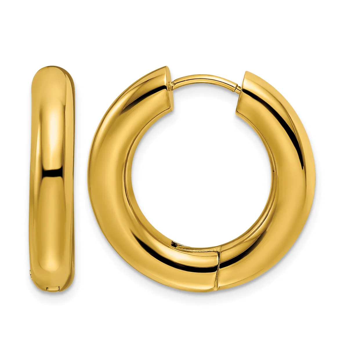 A pair of polished yellow gold chunky hoop earrings with a hinged closure, shown from the front and side view.