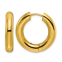 A pair of polished yellow gold chunky hoop earrings with a hinged closure, shown from the front and side view.