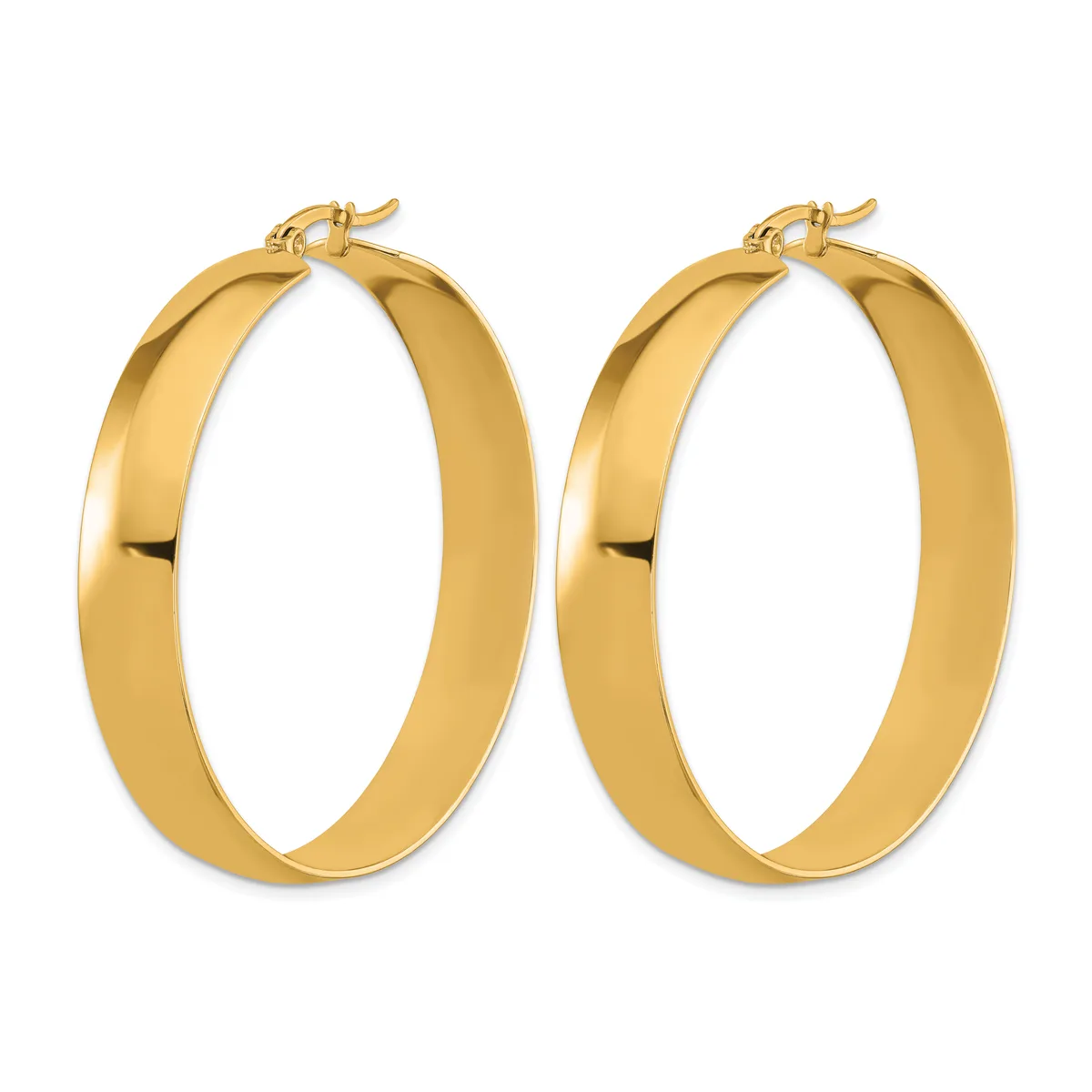 A pair of polished gold-colored hoop earrings with a wide, flat band design and hinged closures, shown from the front against a white background.