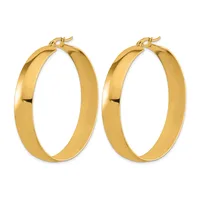 A pair of polished gold-colored hoop earrings with a wide, flat band design and hinged closures, shown from the front against a white background.
