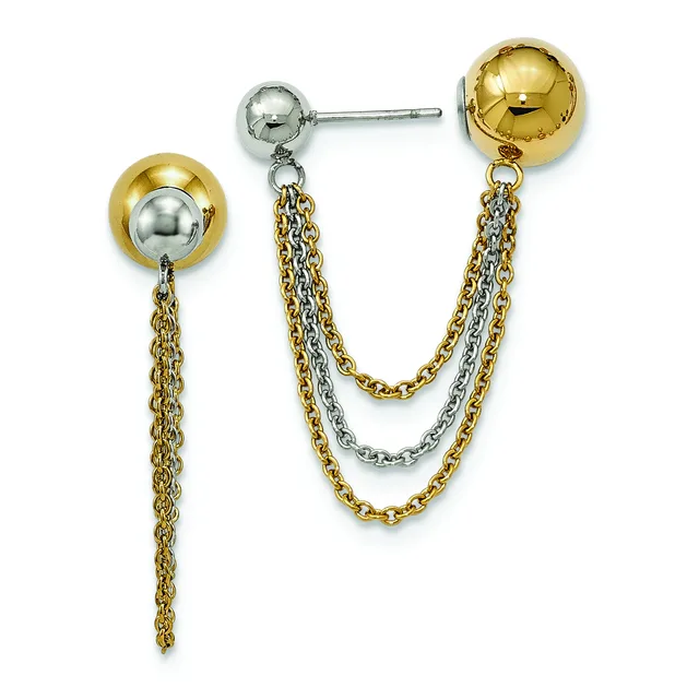 Two-tone gold and silver ball stud earrings with dangling chain tassels, one featuring a single chain and the other with multiple layered chains.