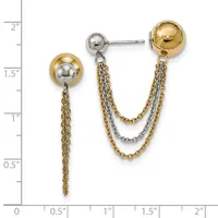Two-tone gold and silver dangle earrings with polished spheres and chain fringe, displayed against a measurement scale.